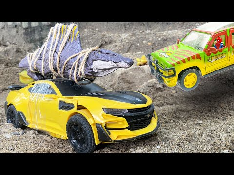 TRANSFORMERS BUMBLEBEE vs Giant T-Rex & Mosasaurus Rescue Jurassic Rebirth: Robot Toy Dinosaur Movie