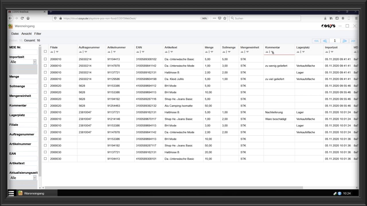 Wareneingangskontrolle überwachen im COSYS WebDesk | COSYS POS Non Food Demo