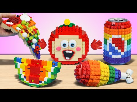 LEGO Rainbow Fast Food Challenge : Watermelon, Fried Chicken, Pizza,... Stop Motion Cooking ASMR