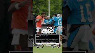 Shedeur Sanders and Jimmy Horn Jr. wearing Deion Nike Air Diamond Turf at Panthers/Browns practice.