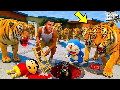 Shinchan & Franklin Pinchan vs 1000 TIGERS ATTACK! ESCAPES Into SECRET BUNKER in Gta 5 |