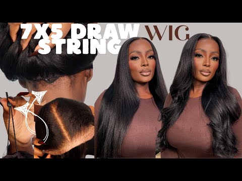 NEW UPGRADED DRAWSTRING! 7X5 PULL&GO YAKI STRAIGHT GLUELESS WIG INSTALL BLEND INTO SKIN FT KLAIYI