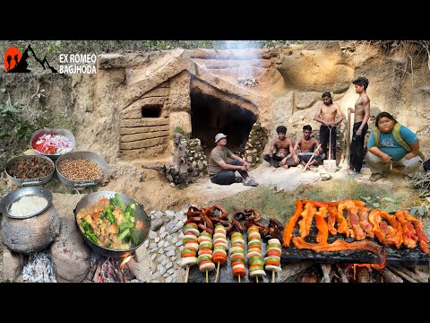 Survival House Building in Jungle Pig Head House Warm Shelter Build Cooking Pork Stone and Pork Rice