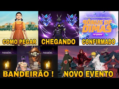 NOVIDADES FREE FIRE ! BÔNUS DE DIAMANTES, BANDEIRÃO, NOVO COELHÃO, ITENS GRÁTIS, EVENTOS NARUTO