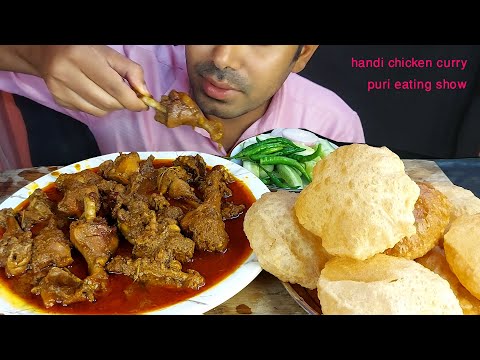 masaladar oily chicken handi masala chicken gravy desi fried puri salad eating show mukbang food