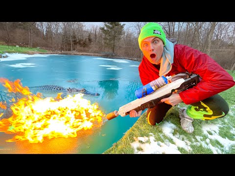 Using real flamethrower to catch pond monster