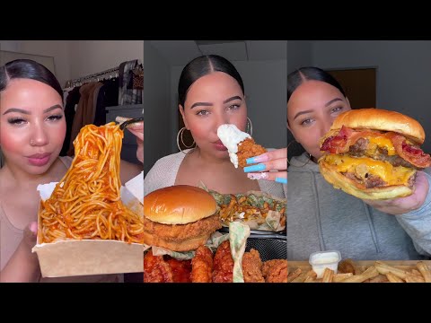 ASMR MUKBANG BURGER, PIZZA, PASTA, SPICY CHICKEN | Claudia Eats Good TikTok ASMR