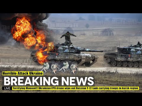 Terrifying Moment!! Ukrainian FPV drone wipe out Russian T-72 tank carrying troops in kursk region