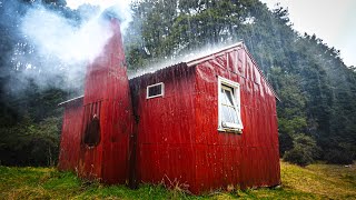 The Heaviest Rain I Have Ever Camped In - Cabin Camping In Winter Rain Storm