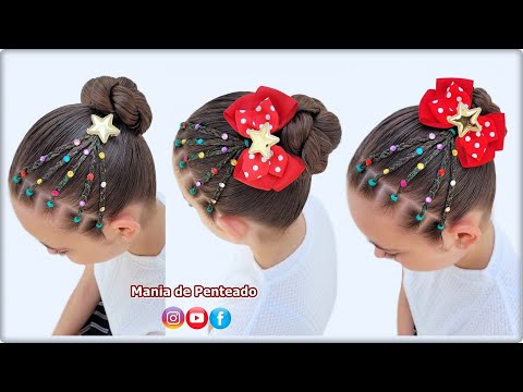 Penteado Fácil com Coque e Árvore de Natal 🎄😍| Easy Christmas Tree Hairstyles for Girls 🎄🥰