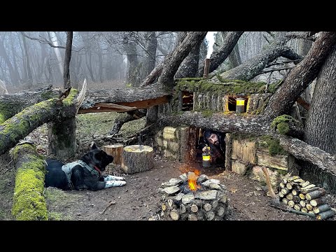 Building a Secret Dugout UNDER a Fallen TREE; 3 Days SOLO SURVIVAL CAMPING In RAIN. Bushcraft Cabin