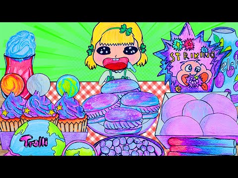 Purple Blue Food Mukbang: Cakes, Candy, Mochi, Strange Foods - Stop Motion Paperdiy ASMR