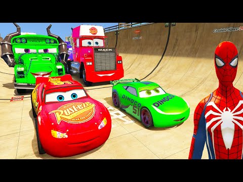 SPIDERMAN Vs HULK McQueen CARS Mega MULTI Ramp ! SUPERHEROES Mack Truck Miss FRITTER Race  - GTA V