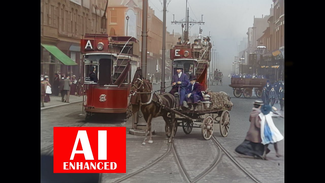 Tram Ride Through Sheffield, 1902. AI Enhanced. BW. Details Recovered. Upscaled to 1080 HD