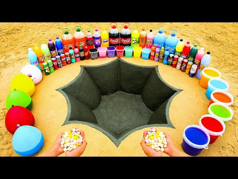 How to make Spider Cobweb pit with Cement, Big Coca Cola, Fanta, Mirinda, Chupa Chups vs Mentos