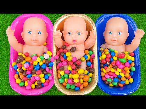 3 Minutes Satisfying ASMR | Mixing Skittles Candy in 3 Bathtubs with Magic Gum Balls & M&M's Make Up