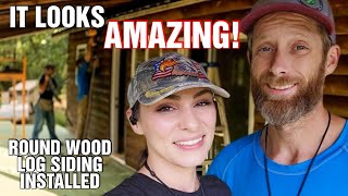 We Couldn’t Believe Our Eyes! FIRST EXTERIOR WALL DONE! Round Wood Log Siding ON OUR CABIN HOMESTEAD