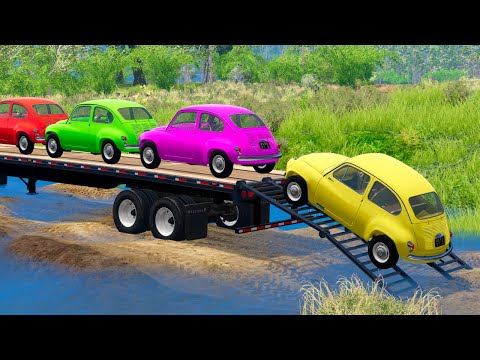 Flatbed Trailer Small Cars Transportation with Tractor - Pothole vs Car vs Deep Water #1 - BeamNG