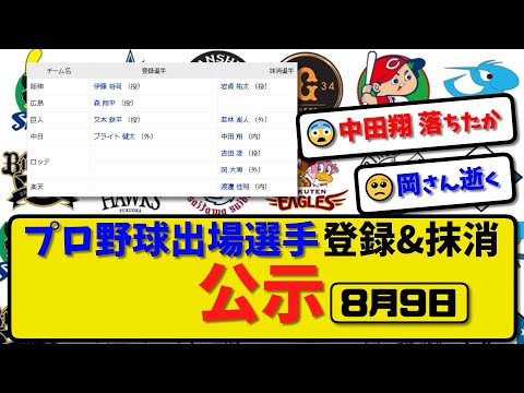 【公示】プロ野球 出場選手登録＆抹消 公示8月9日発表｜阪神岩貞 巨人若林 中日中田 ロッテ吉田&岡 楽天渡邊ら抹消|阪神伊藤 中日ブライトら登録【最新・まとめ・反応集・なんJ・2ch】