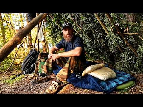 Caveman Dry Pluck Spit Roast Cook, Primitive Shelter Build/Sleep, Hunt and Fish (ASMR - Silent)