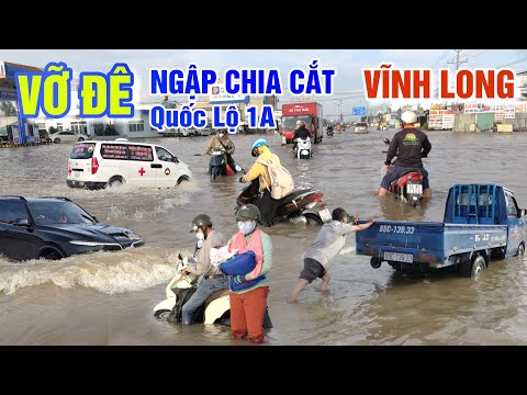 VỠ ĐÊ LŨ TRÀN NGẬP LỤT CHIA CẮT QUỐC LỘ 1A - XE TẢI ĐỨNG TRÂN HÀNG 100 XE MÁY DẪN BỘ Ở VĨNH LONG