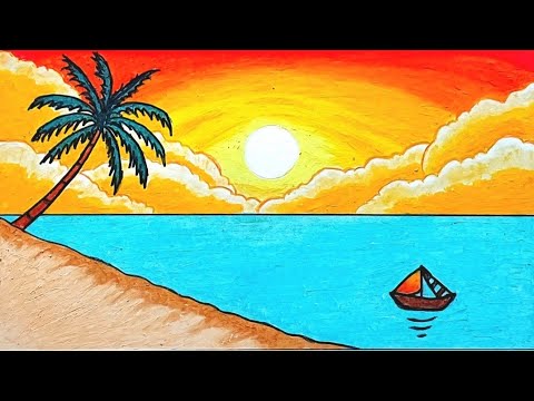 Easy Scenery Drawing | How To Draw Sunset in lake With Oil Pastels