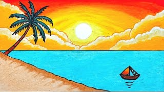 Easy Scenery Drawing | How To Draw Sunset in lake With Oil Pastels