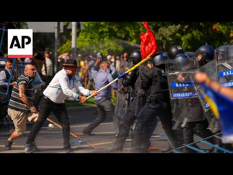 Farmers and security forces clash in Romania during a protest