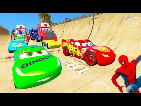 SPIDERMAN McQueen Friend Mega GODZILLA Ramp Challenge ! SUPERHERO HULK Disney Car MACK TRUCK - GTA V