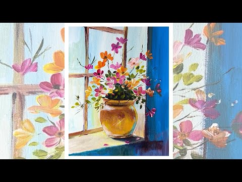 How to Paint Flower vase by the window | Step by Step Acrylic Painting Tutorial | Satisfying art