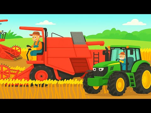 Two Red Combines on the Horizon and a Green Tractor with a Lady Farmer to Help - Tractors for Kids
