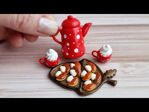 Miniature teapot and cups and tray with mushroom cookies🤎🍂🍁🍄Polymer clay