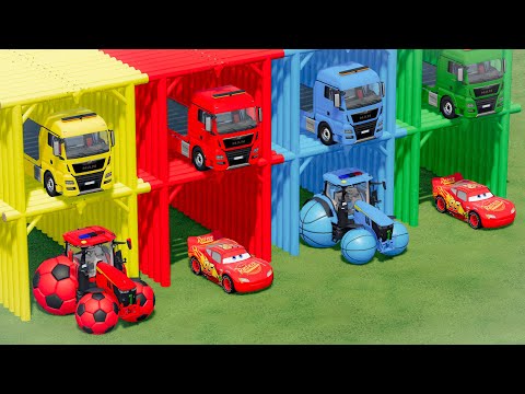 CARS OF COLORS ! MQUEEN CARS AND FOOTBALL BALL WHEELER TRACTOR TRANSPORTING ! Farming Simulator 22