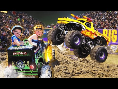 Monster Truck Kids Race on Construction Yard and Crash EVERYTHING