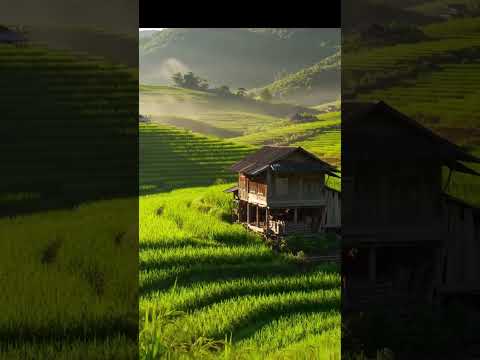 A small wooden house surrounded by green rice fields at sunrise