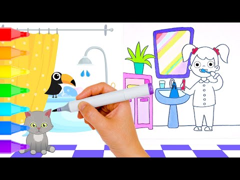 Coloring Little Girl Brushing Her Teeth  🦷 🪥 🐈 Drawing for Kids | Nursery Rhymes For Babies