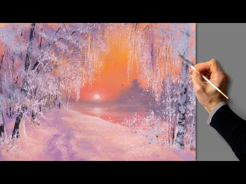 👍 Acrylic Landscape Painting - Winter Magic / Easy Art / Drawing Sunset /  Satisfying Relaxing