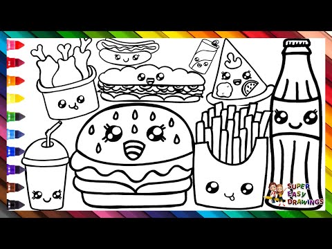 Draw and Color Fast Food 🍔🥤🌭🍕🥪🍗 Hamburger, Cola, Hot-Dog, Pizza, and More - Drawings for Kids