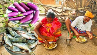 TANGRA FISH curry with BRINJAL and Kanthal Seed Vorta cooking & eating by santali tribe grandmaa