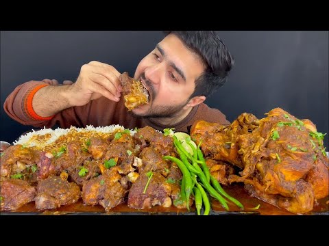 ASMR; Eating Spicy Mutton Curry+Spicy Whole Chicken Curry+Rice+Green Chilli+Extra Gravy oily chicken