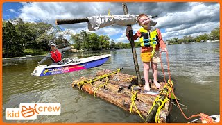 Rescuing dad from fishing emergency with kids ride on boat and raft. Educational | Kid Crew