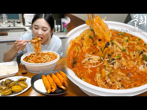 Real Mukbang:) Korean summer food 'Cold Raw Fish Soup' ☆ Grilled Abalone, Fried Shrimp