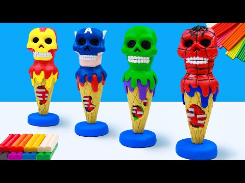 DIY Ice cream cone mix Skull mod superhero Hulk, Spider-man, Ironman, Captain America with Clay