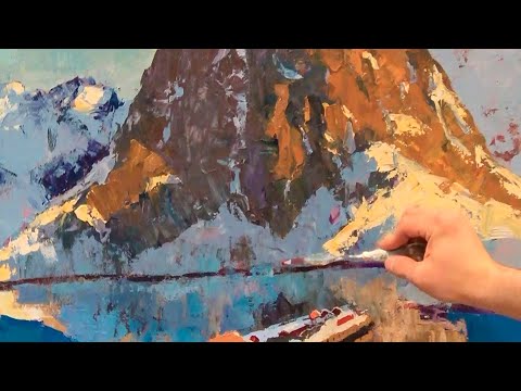 Snowy mountains, palette knife acrylic painting for beginners, full process.