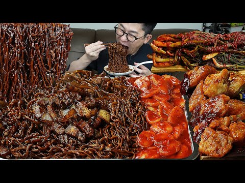 고기듬뿍 짜짜로니에 떡볶이토핑과 깐풍기 요리 먹방 jajangmyeon MUKBANG