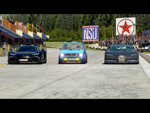 Drag Factory VW Golf MK1 vs Bugatti Chiron vs Mercedes-Benz AMG One at Old SPA