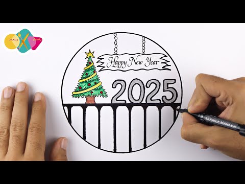 Happy new year Christmas tree drawing 2025 /New year drawing / new year scenery 2025 drawing easy