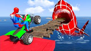 سبايدر مان اصعب دراجة نارية فوق اسماك القرش - Superheroes Ride on Motorcycle Stunt Funny Moments