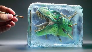 Diorama of a Hunted T-Rex Trapped in Ice