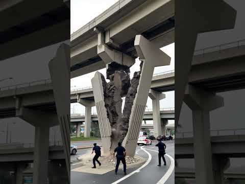 立交桥桥墩突然碎裂!巨大碎块坠落,三名警察惊险逃生!#桥墩坠落#惊险瞬间#突发事故#塌桥事故#高空坠物#险象环生 #视觉震撼 #travel #funny